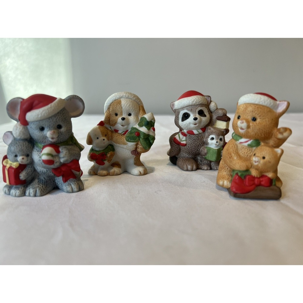 Vintage HOMCO Christmas Animal Figurines #5180 Set 4 Cat Mouse Dog Raccoon *READ